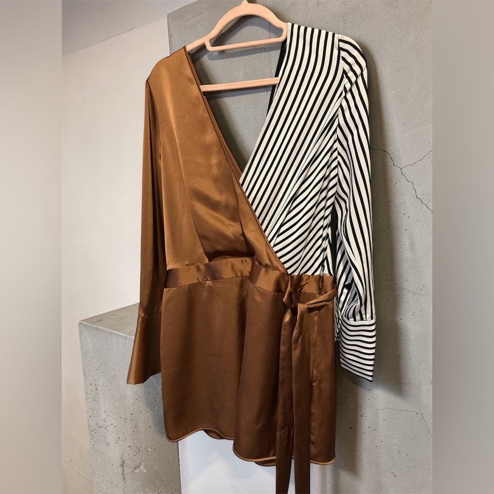 Two-Tone Satin Wrap Blouse in Brown & Black-White Stripe